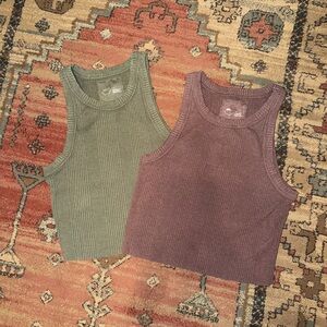 Ribbed Tank Crop Top - Olive Green & Brown